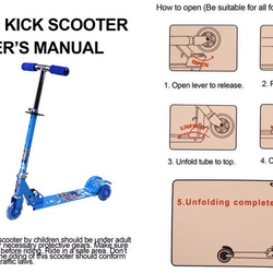 Childrens Cartoon Printed Adjustable Folding Flashing Kick Scooter - Blue